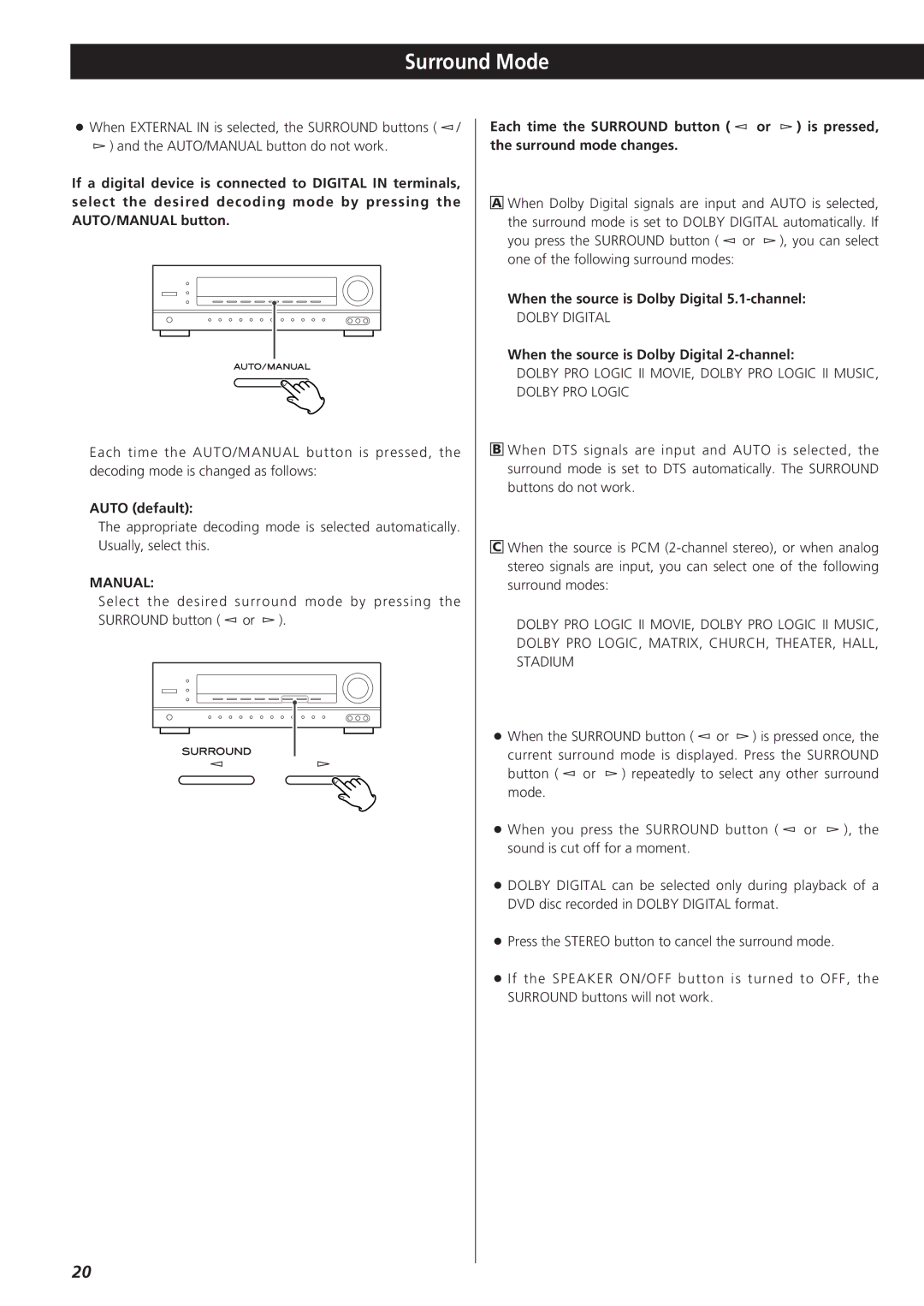 Teac AG-D8850 owner manual Surround Mode, Auto default, When the source is Dolby Digital 5.1-channel 