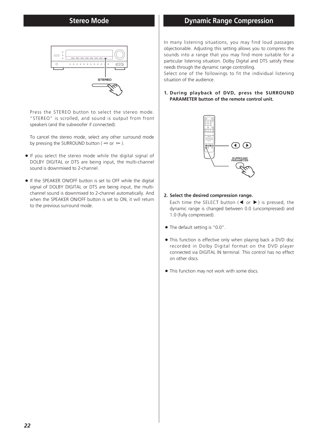 Teac AG-D8850 owner manual Stereo Mode, Dynamic Range Compression 