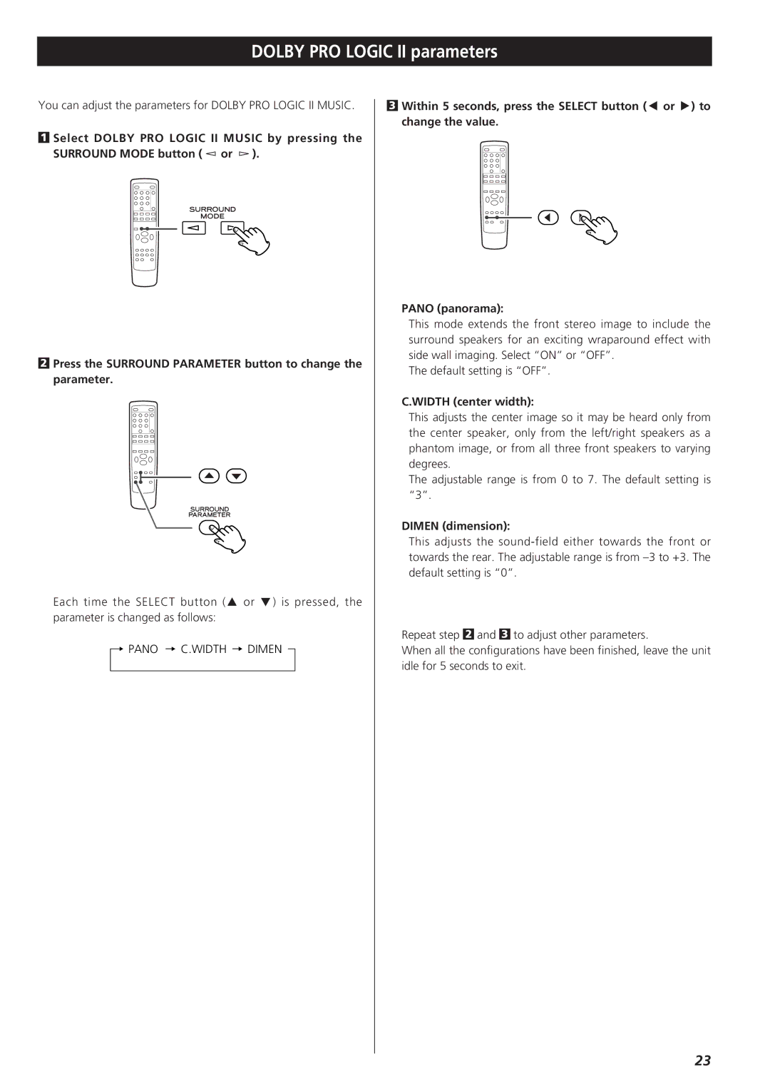 Teac AG-D8850 owner manual Dolby PRO Logic II parameters, Width center width, Dimen dimension 