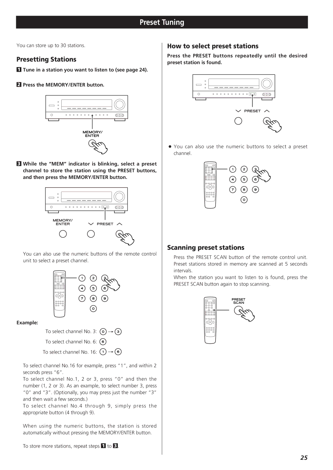 Teac AG-D8850 Preset Tuning, Presetting Stations, How to select preset stations, Scanning preset stations, Example 