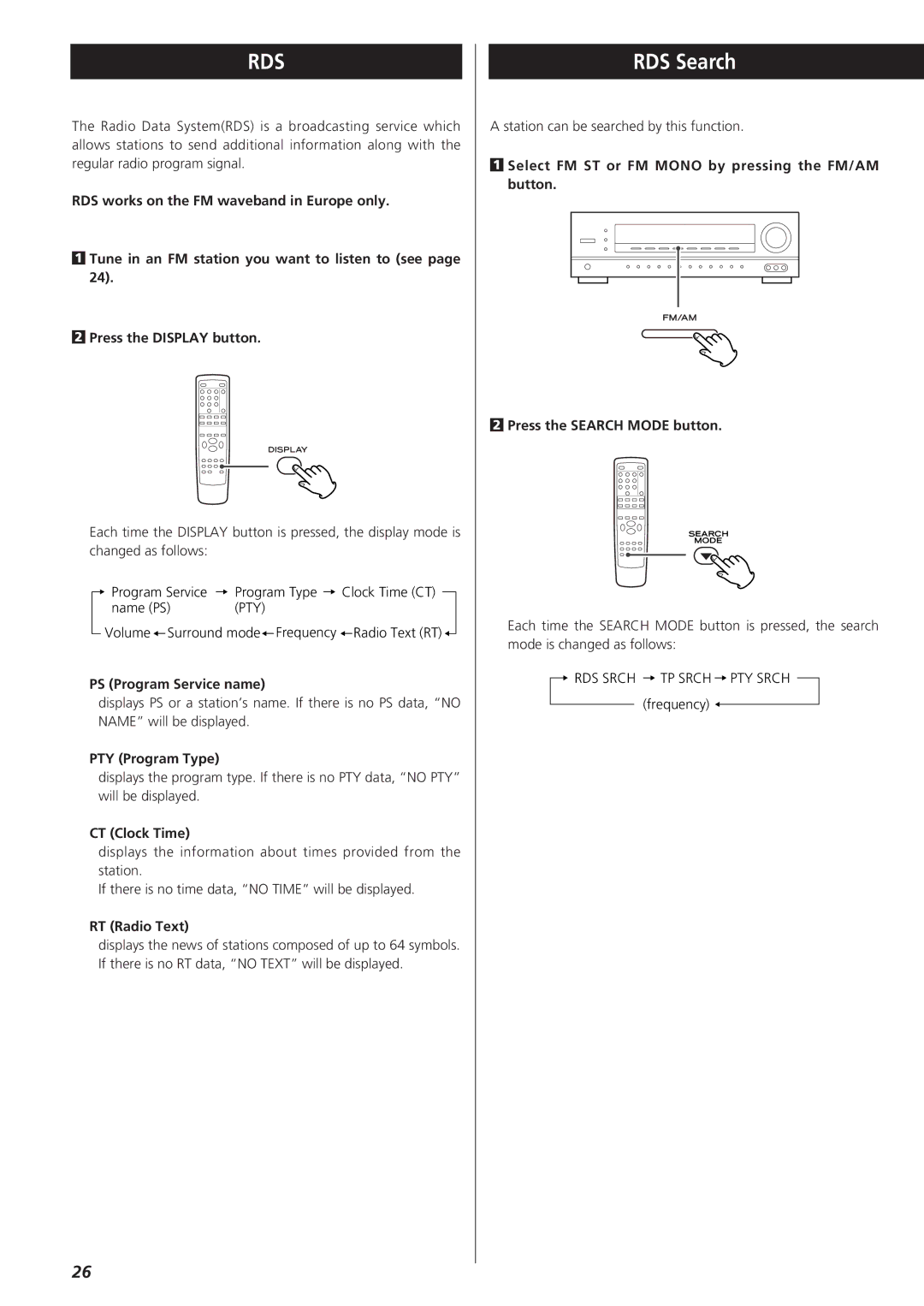 Teac AG-D8850 owner manual RDS Search, PS Program Service name, PTY Program Type, CT Clock Time, RT Radio Text 