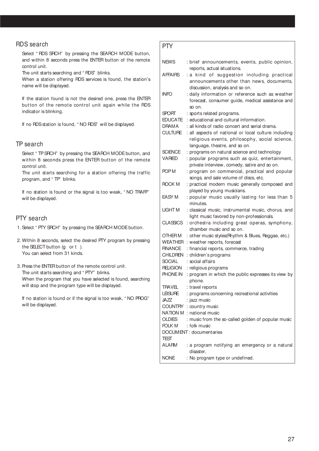 Teac AG-D8850 owner manual RDS search, TP search, PTY search 