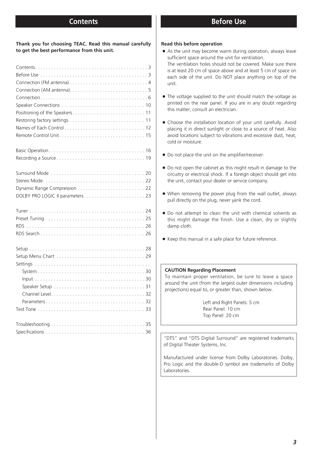 Teac AG-D8850 owner manual Contents, Before Use 