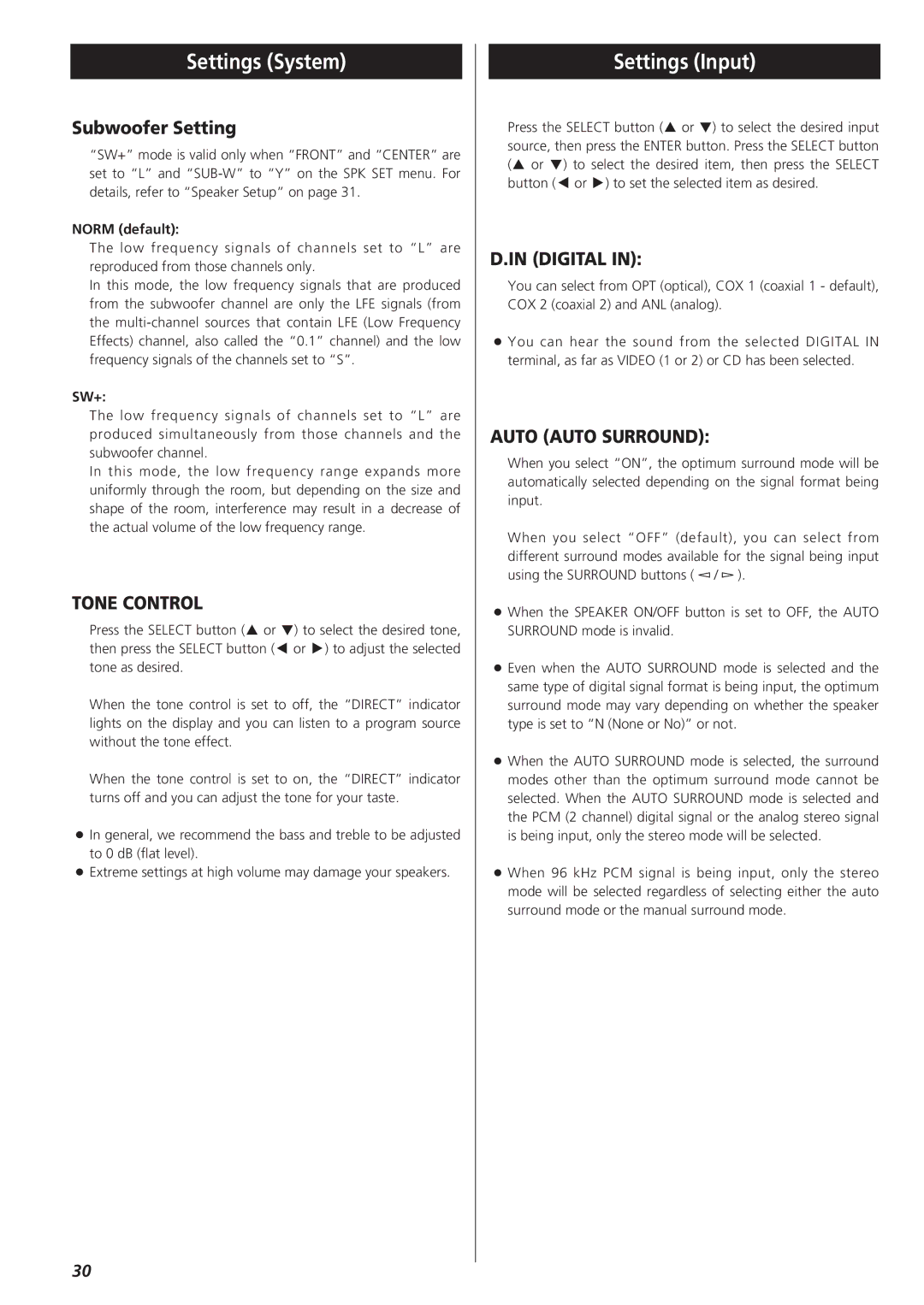 Teac AG-D8850 owner manual Settings System, Settings Input, Subwoofer Setting, Norm default, Sw+ 