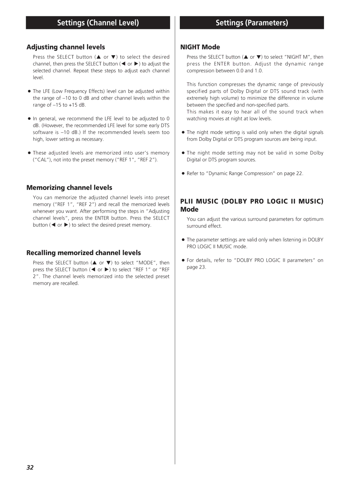 Teac AG-D8850 owner manual Settings Channel Level, Settings Parameters 