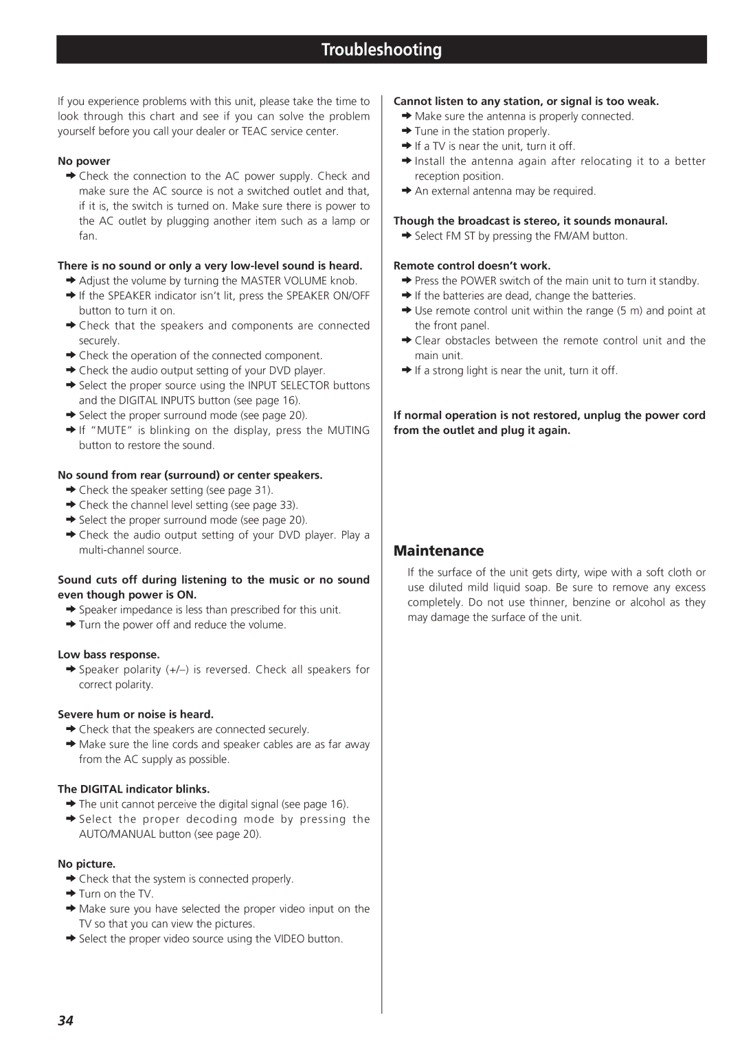 Teac AG-D8850 owner manual Troubleshooting, Maintenance 