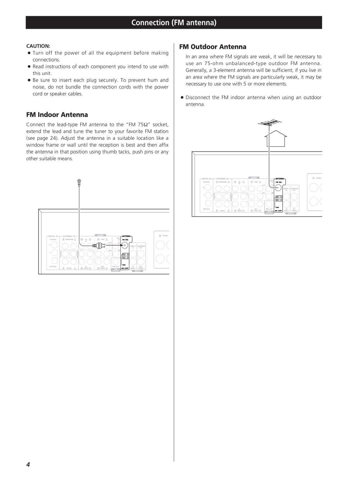 Teac AG-D8850 owner manual Connection FM antenna, FM Indoor Antenna, FM Outdoor Antenna 