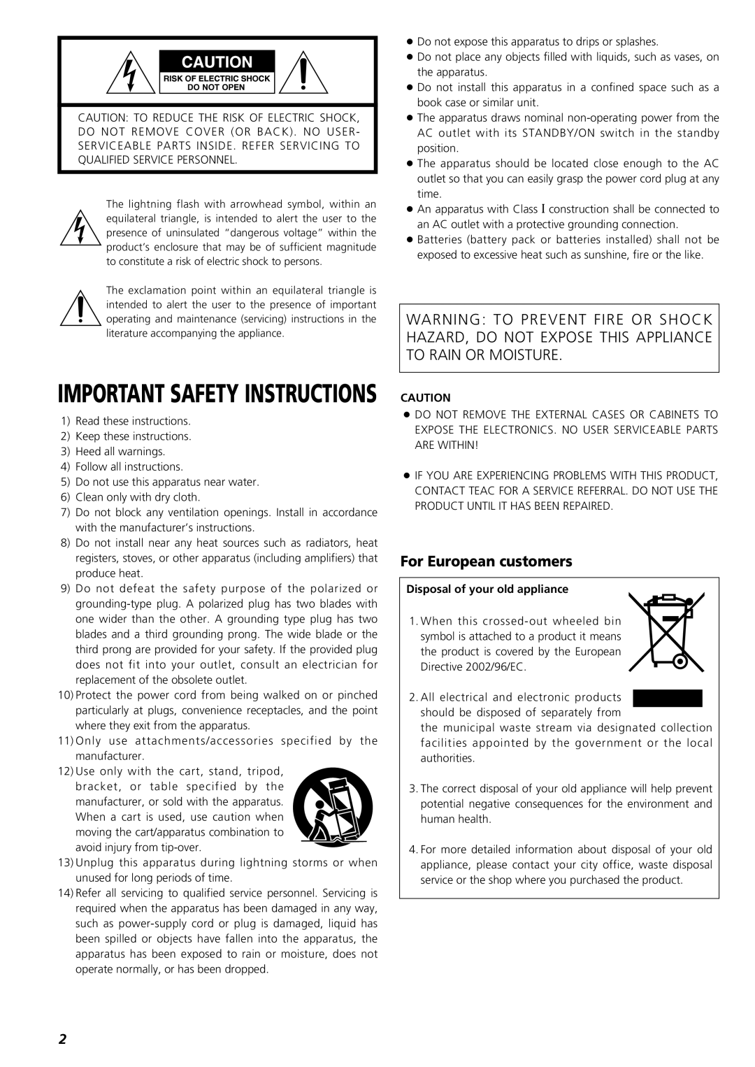 Teac AG-D8850 owner manual For European customers, Disposal of your old appliance, Important Safety Instructions 