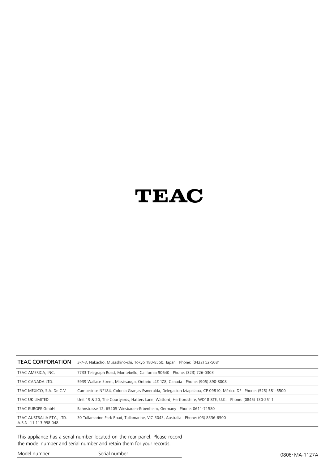 Teac AG-D8850 owner manual Teac Corporation, Model number, Serial number, MA-1127A 