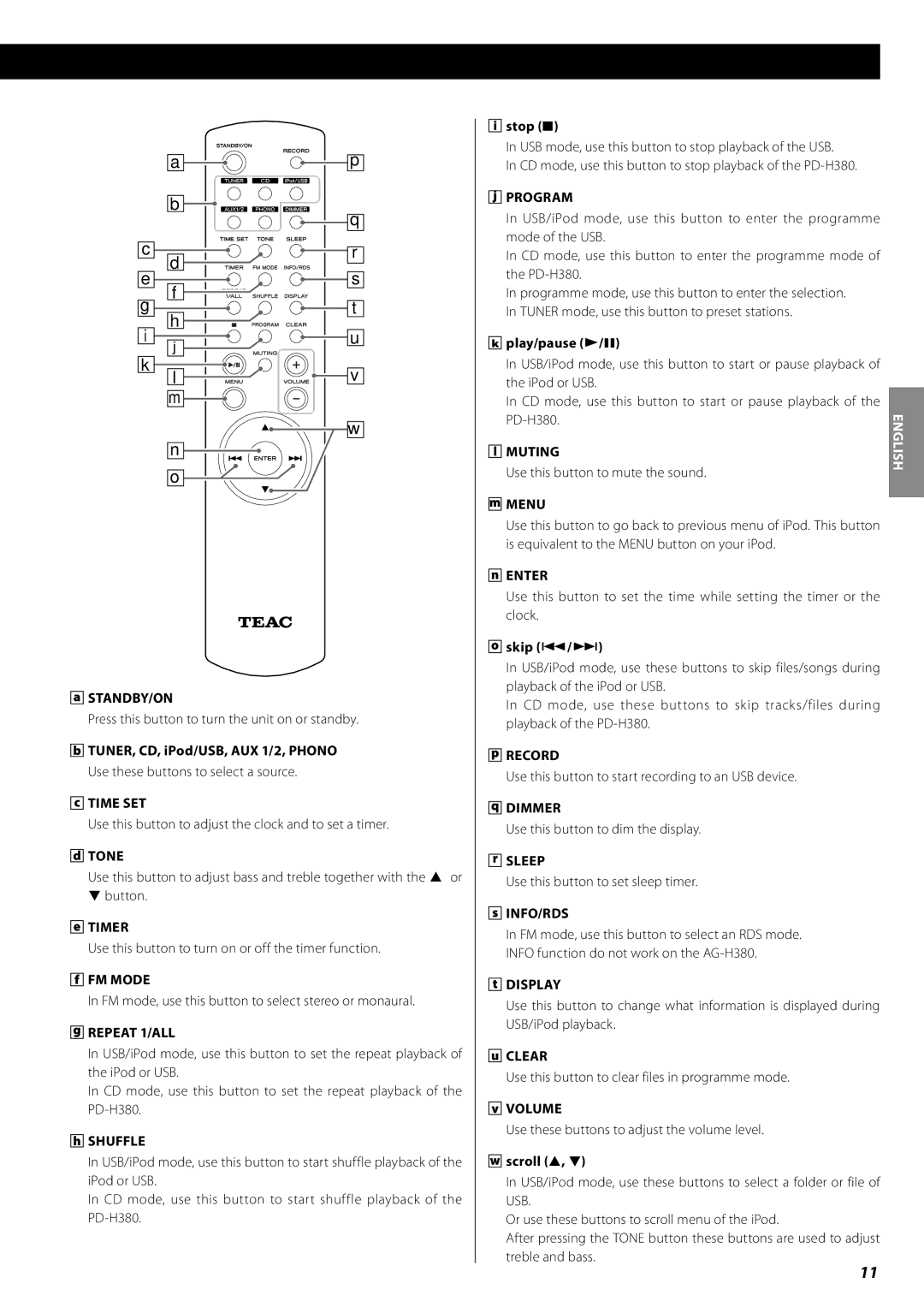 Teac AG-H380 Standby/On, Tone, Timer, FM Mode, Repeat 1/ALL, Shuffle, Stop H, Program, Muting, Menu, Enter, Skip, Record 