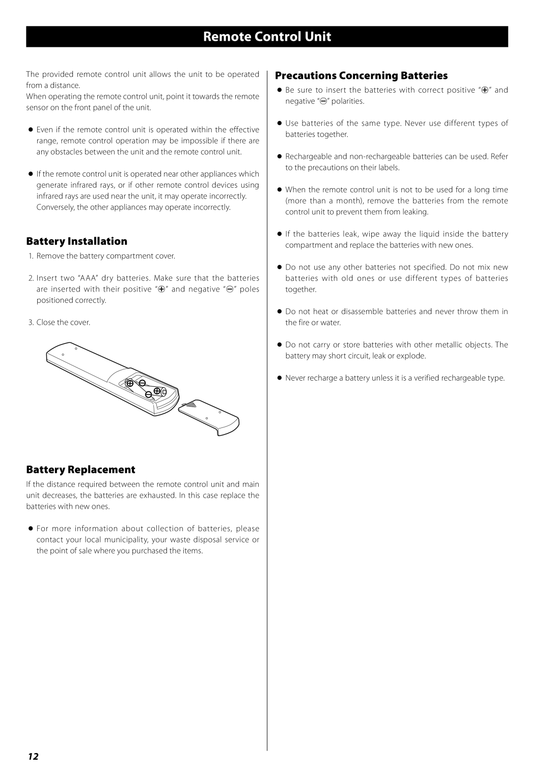 Teac AG-H380 owner manual Remote Control Unit, Battery Installation, Battery Replacement, Precautions Concerning Batteries 