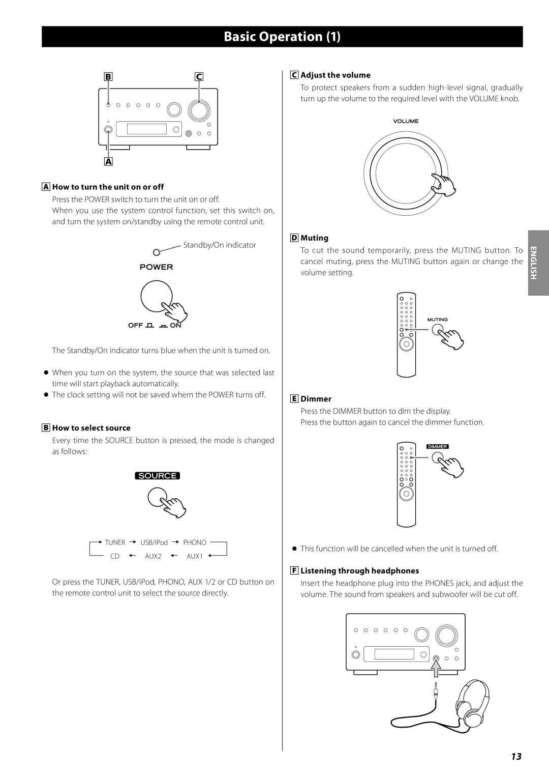 Teac AG-H380 owner manual Basic Operation, How to turn the unit on or off, How to select source, Adjust the volume 