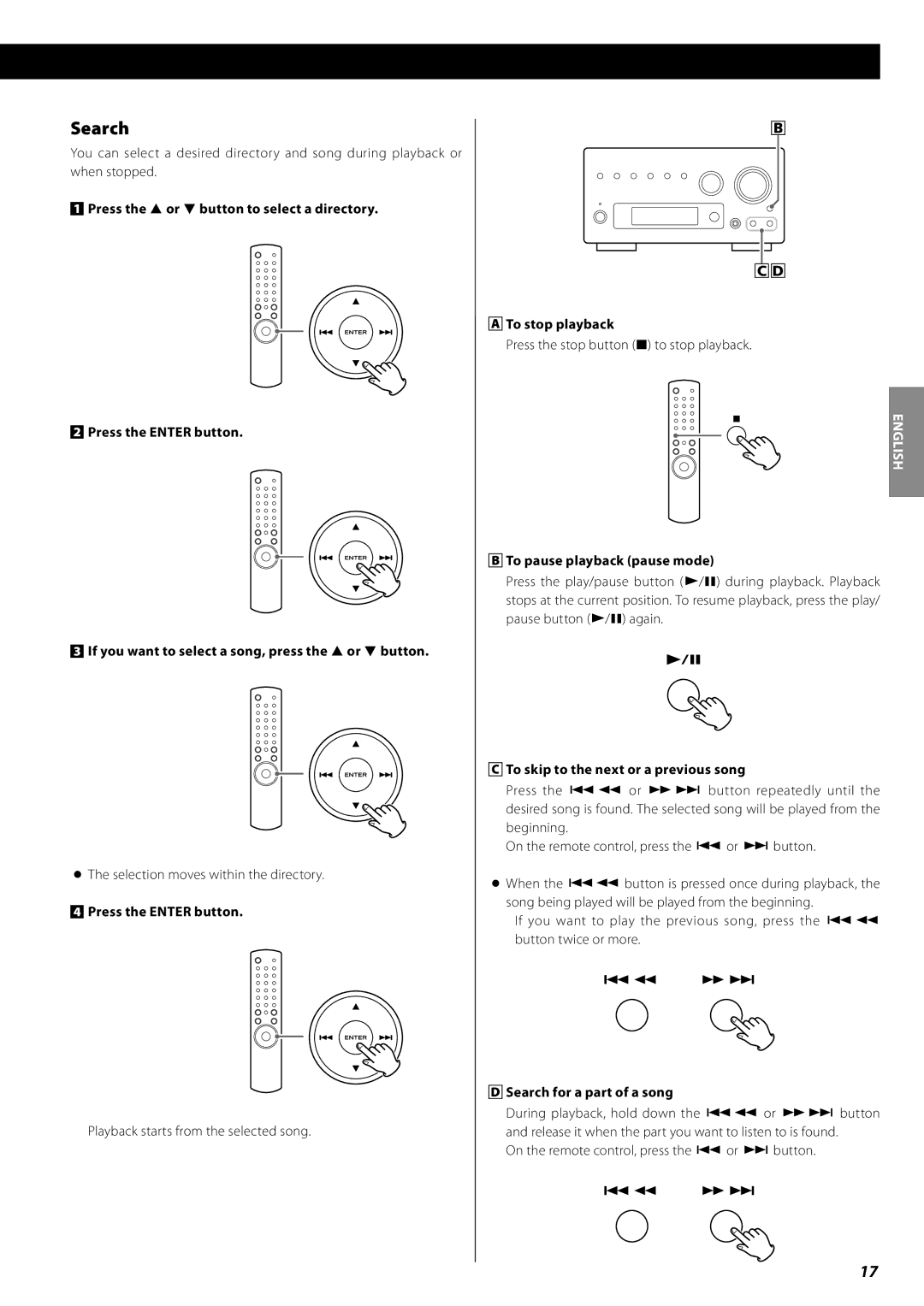 Teac AG-H380 owner manual Search, To stop playback, To pause playback pause mode, To skip to the next or a previous song 