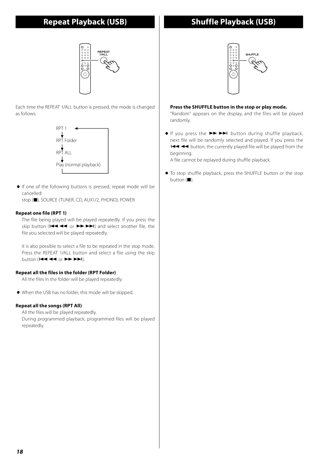 Teac AG-H380 owner manual Repeat Playback USB, Shuffle Playback USB, Repeat one file RPT, Repeat all the songs RPT All 