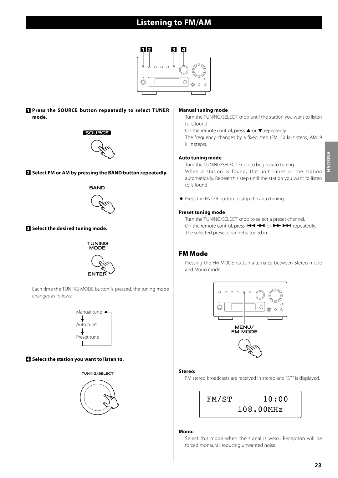 Teac AG-H380 owner manual Listening to FM/AM, FM Mode 