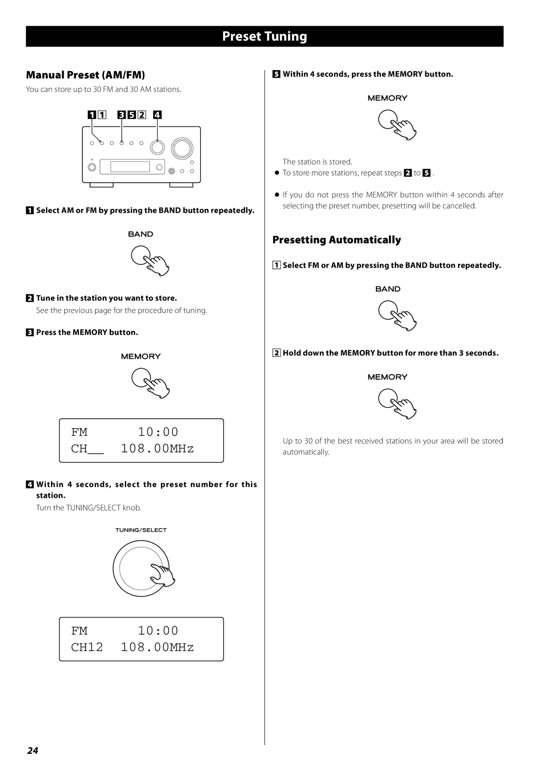 Teac AG-H380 owner manual Preset Tuning, Manual Preset AM/FM, Presetting Automatically 