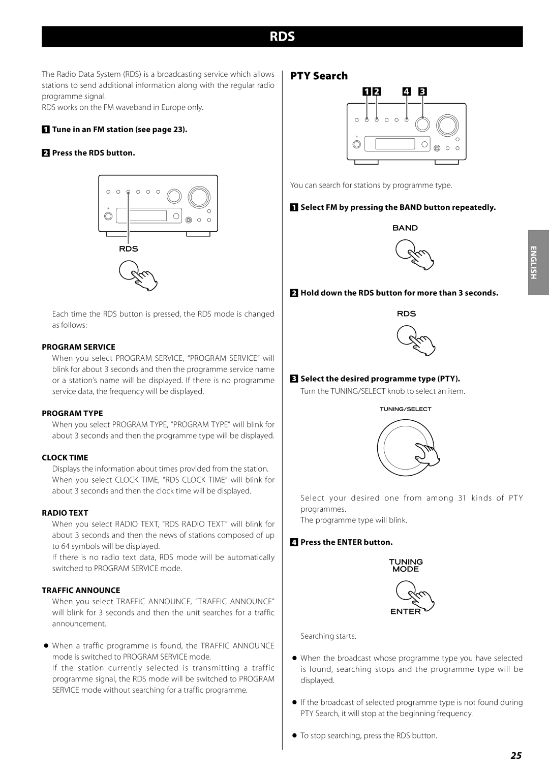 Teac AG-H380 owner manual PTY Search, Tune in an FM station see Press the RDS button 