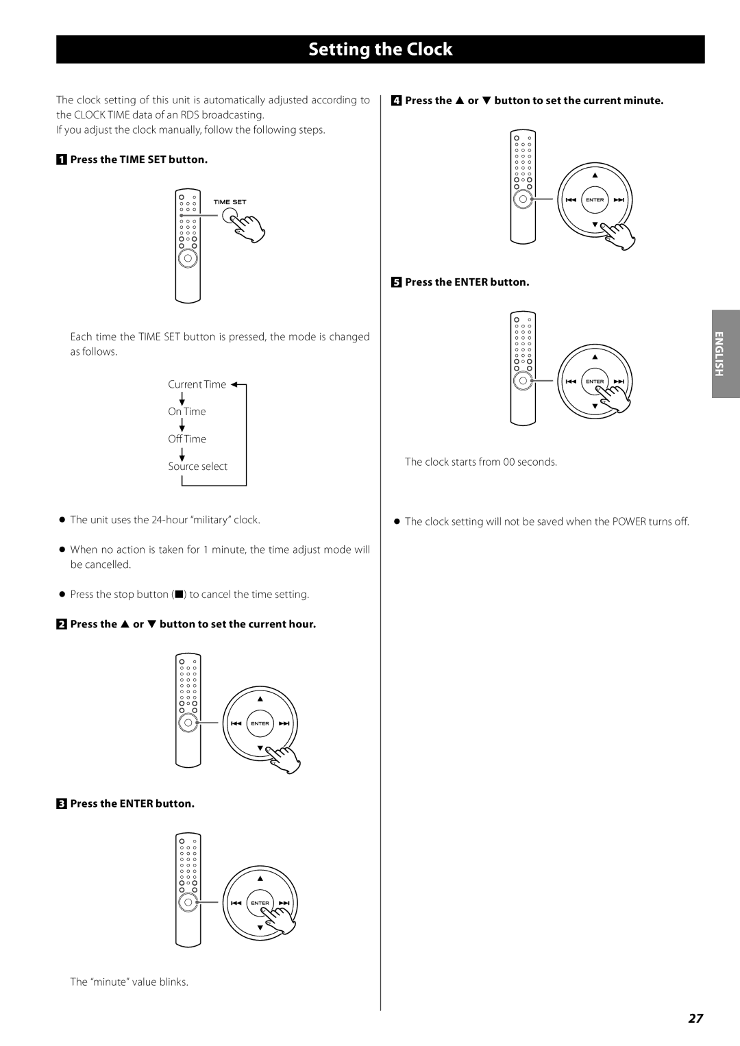 Teac AG-H380 owner manual Setting the Clock, Press the Time SET button 