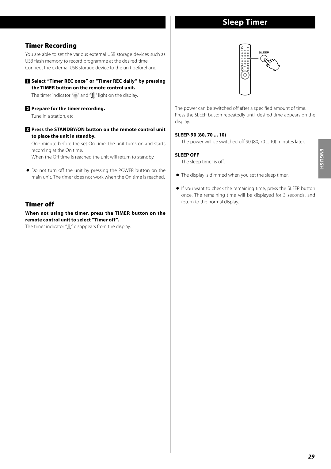 Teac AG-H380 owner manual Sleep Timer, Timer Recording, Timer off, SLEEP-90 80, 70 