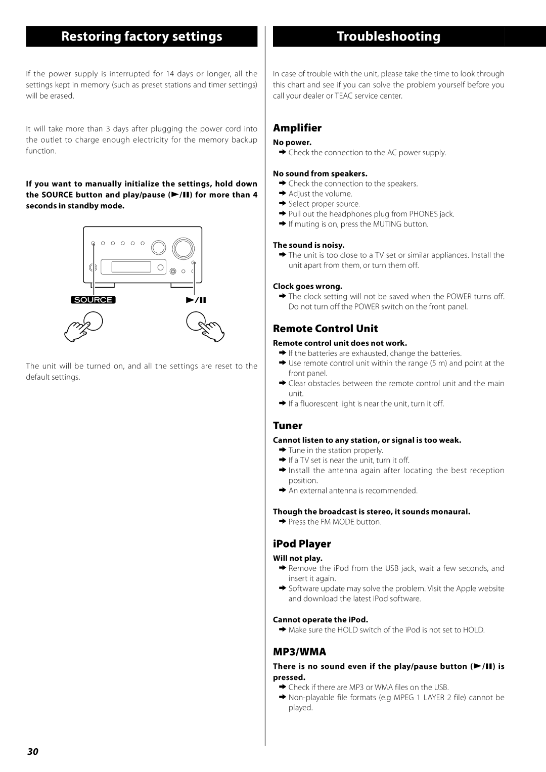 Teac AG-H380 owner manual Restoring factory settings, Troubleshooting 