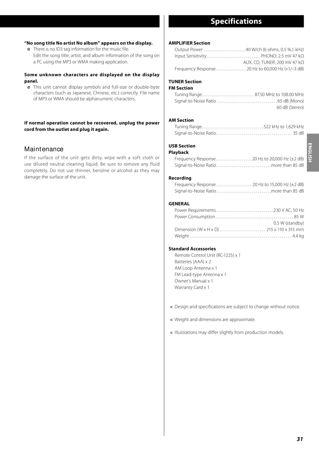 Teac AG-H380 owner manual Specifications, Maintenance 