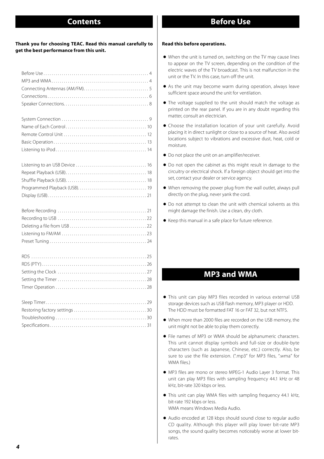 Teac AG-H380 owner manual Contents, Before Use, MP3 and WMA 