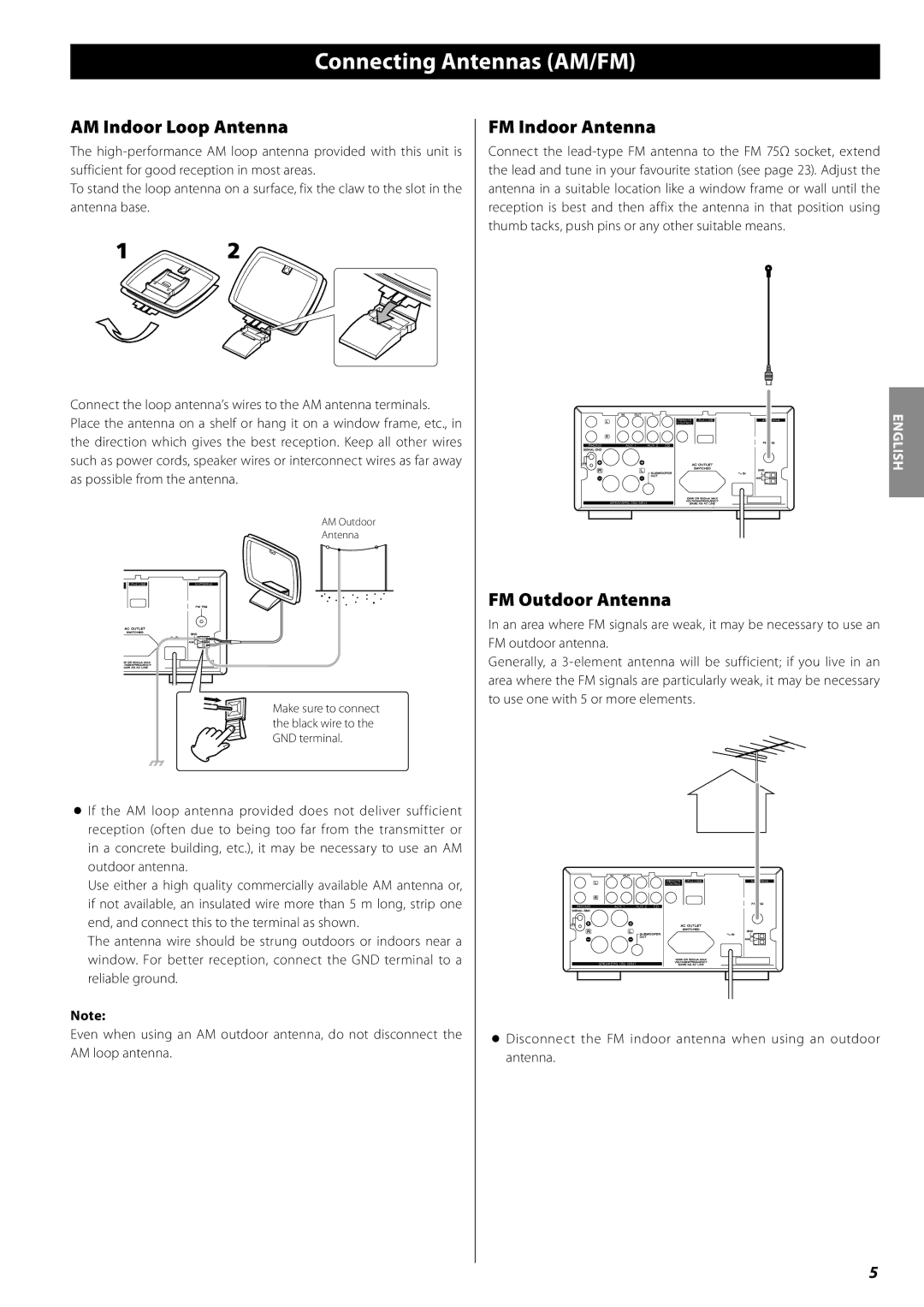 Teac AG-H380 owner manual Connecting Antennas AM/FM, AM Indoor Loop Antenna, FM Indoor Antenna, FM Outdoor Antenna 