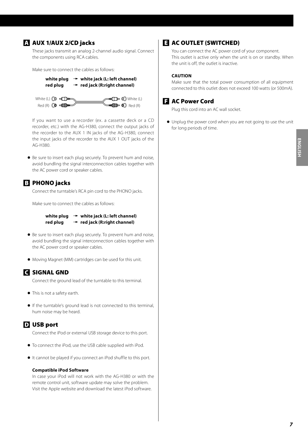 Teac AG-H380 owner manual AUX 1/AUX 2/CD jacks, Phono jacks, USB port, AC Power Cord, Compatible iPod Software 