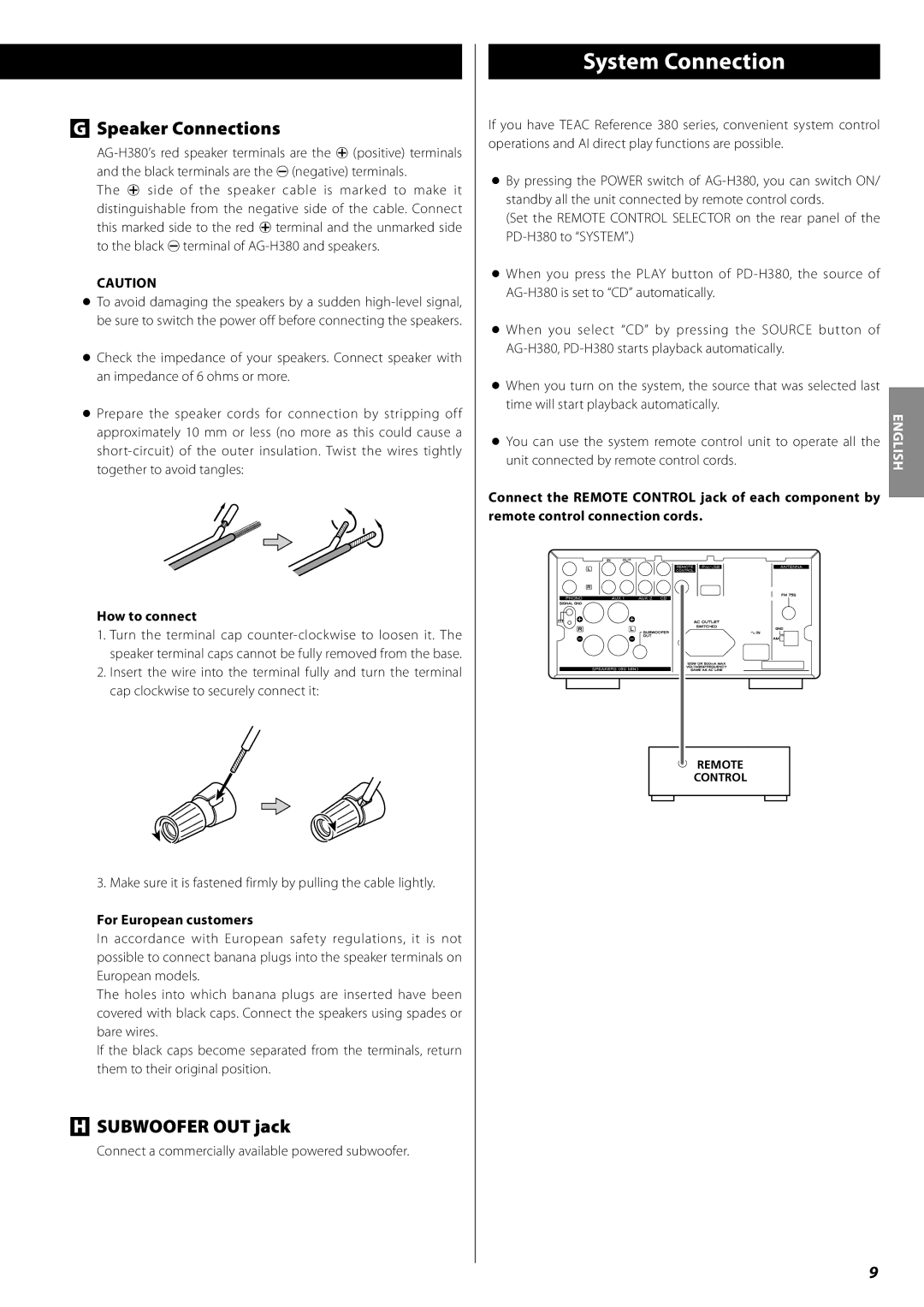 Teac AG-H380 System Connection, Speaker Connections, Subwoofer OUT jack, How to connect, For European customers 