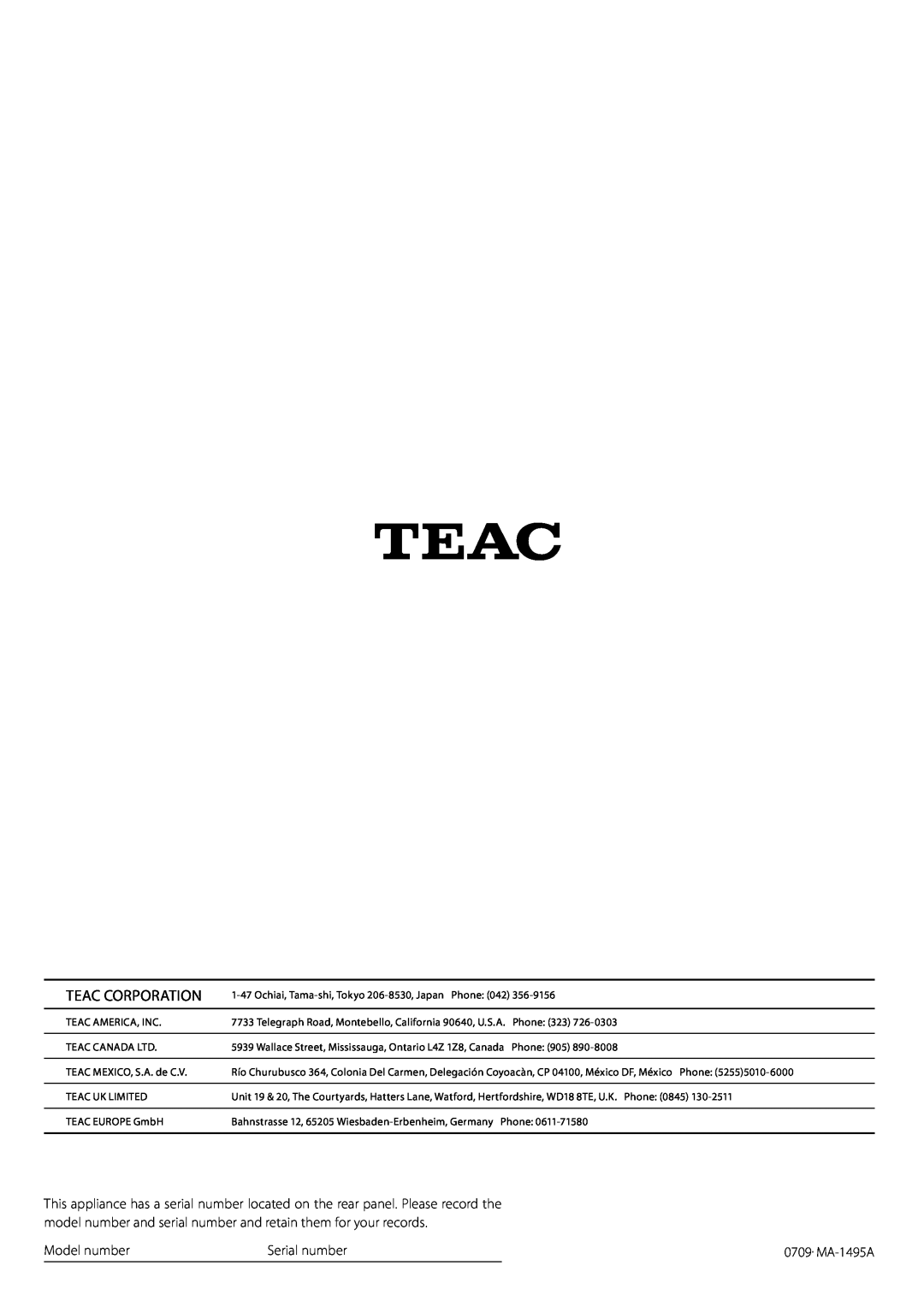 Teac AG-H380 owner manual Teac Corporation, Model number, Serial number 