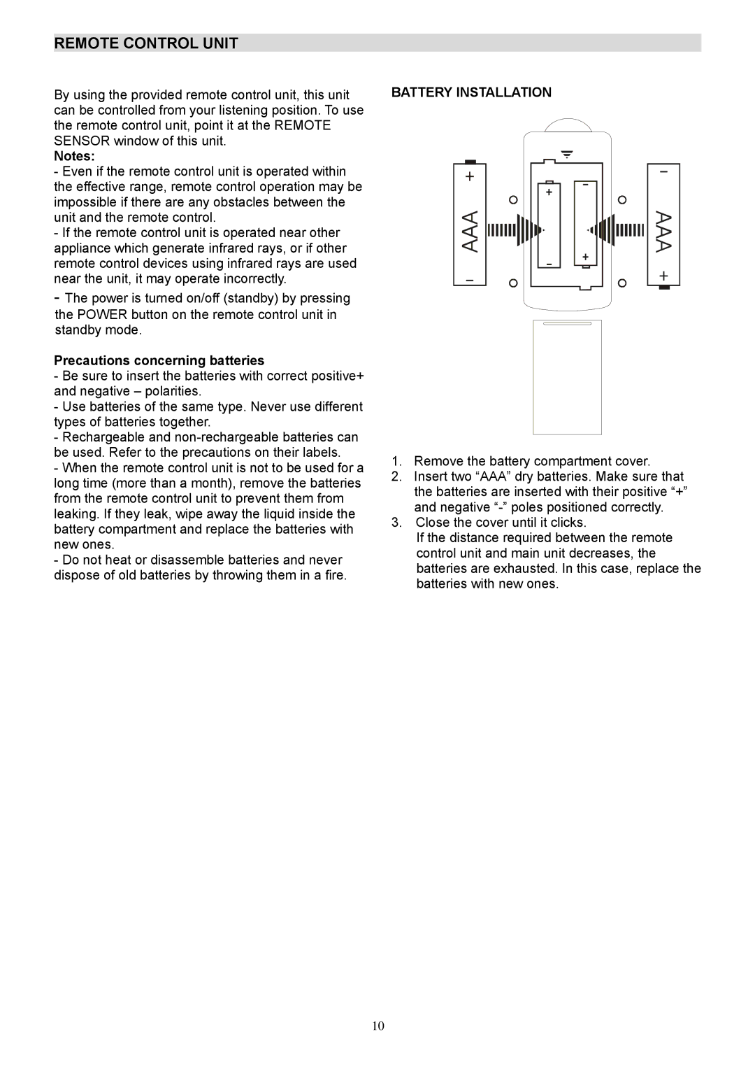 Teac AG20D warranty Remote Control Unit, Precautions concerning batteries, Battery Installation 