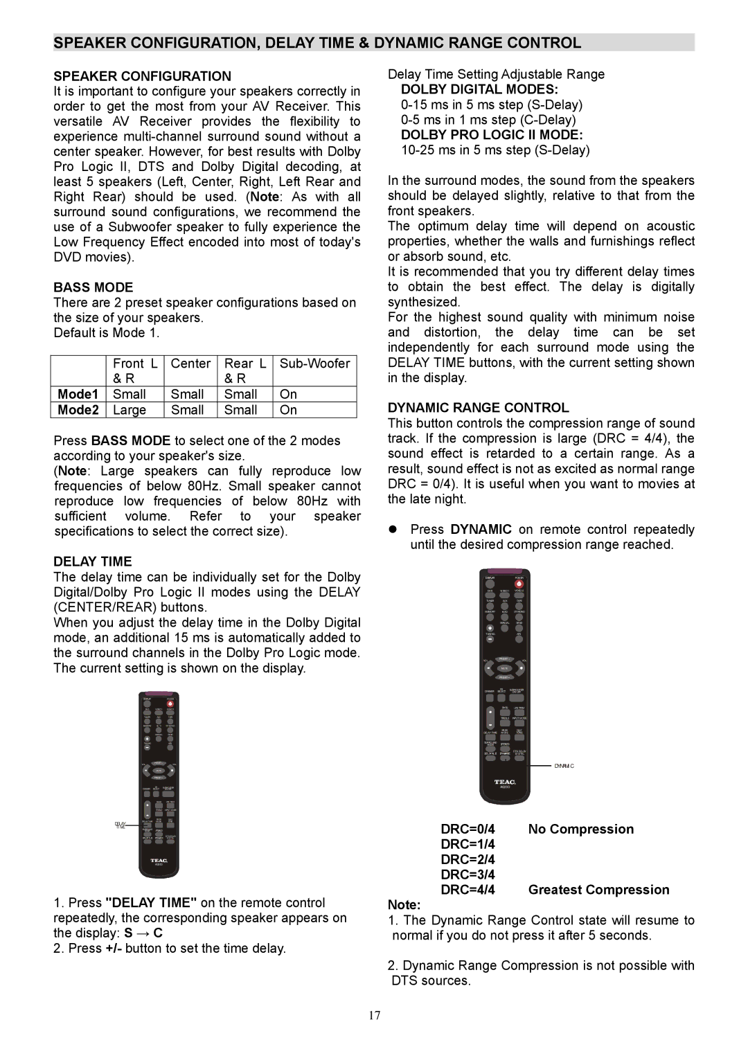 Teac AG20D warranty Speaker CONFIGURATION, Delay Time & Dynamic Range Control 