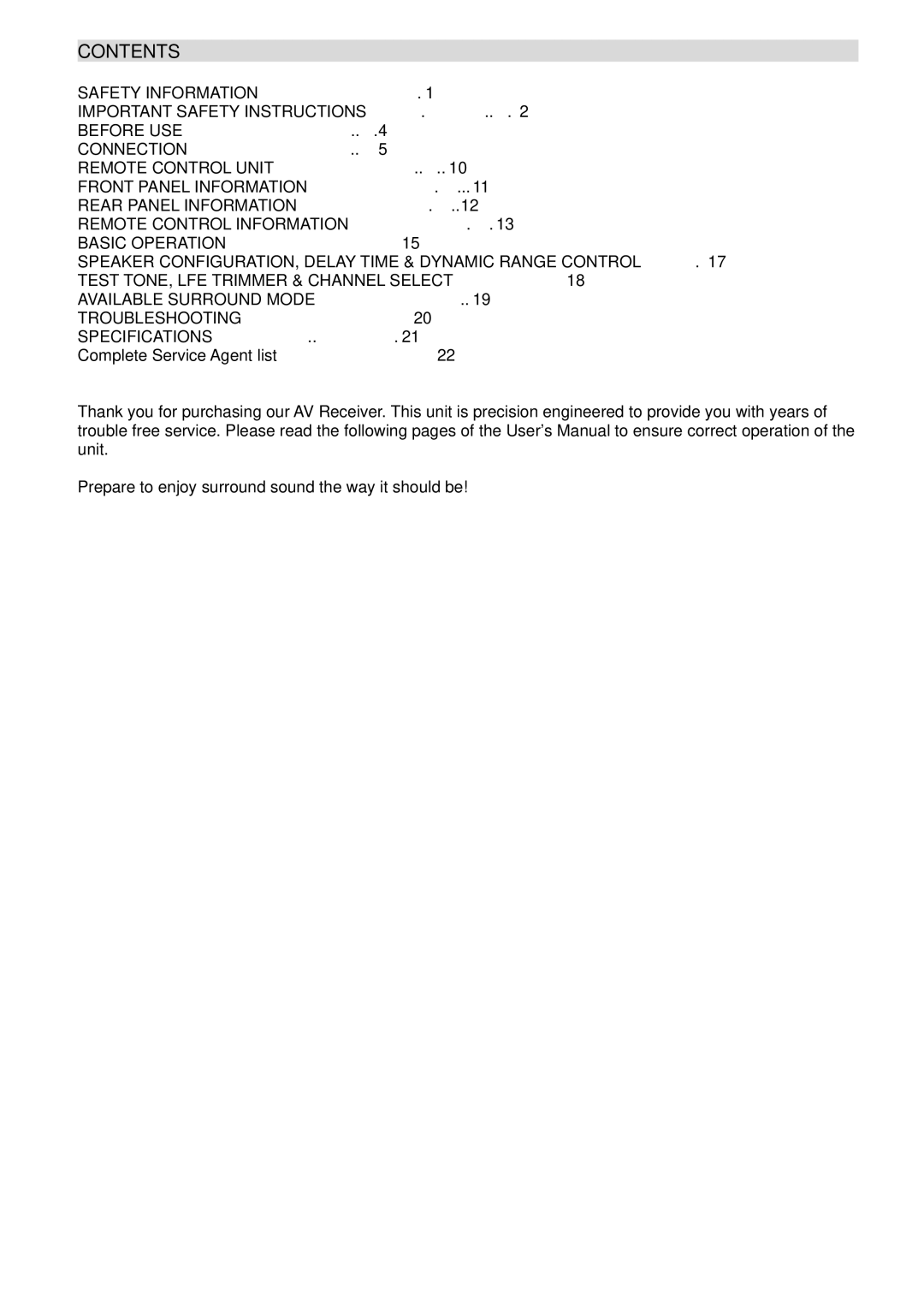 Teac AG20D warranty Contents 