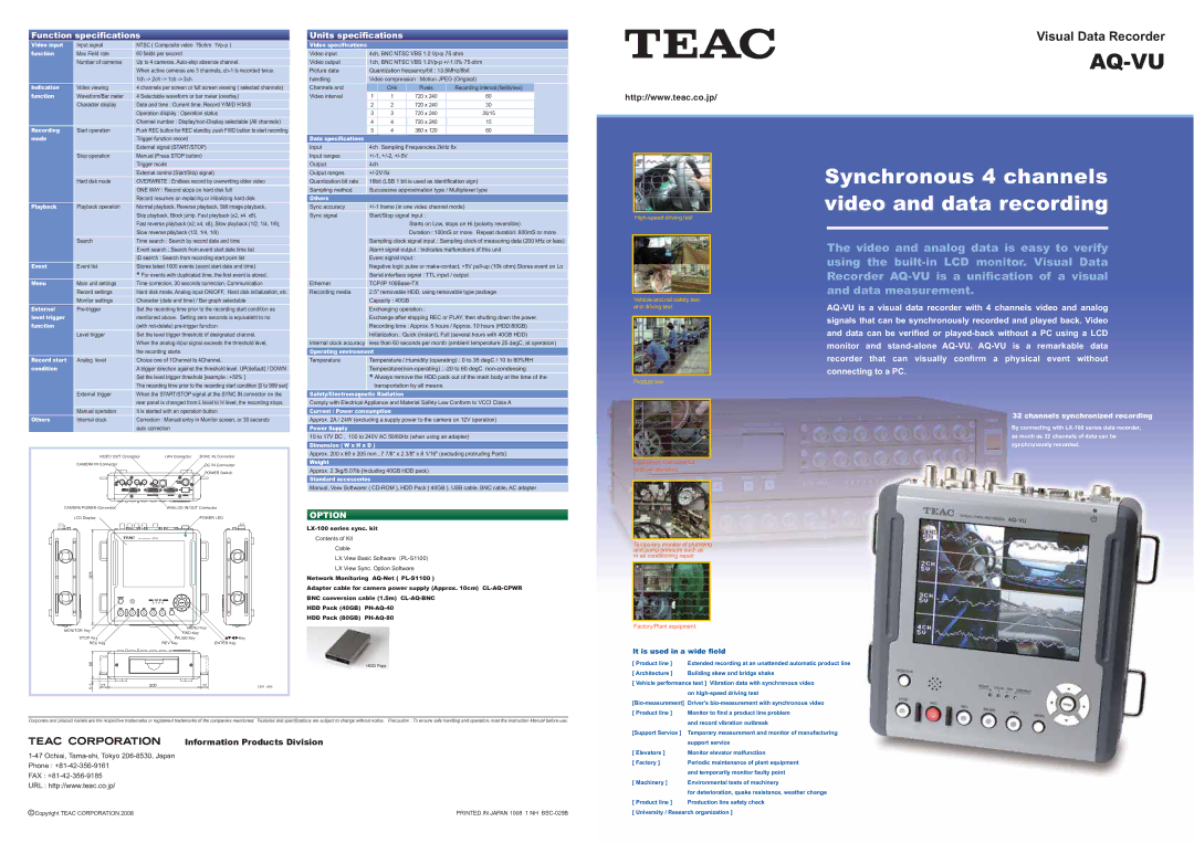 Teac AQ-VU specifications Video input, Function, Indication, Recording, Mode, Playback, Video specifications, Others, Menu 