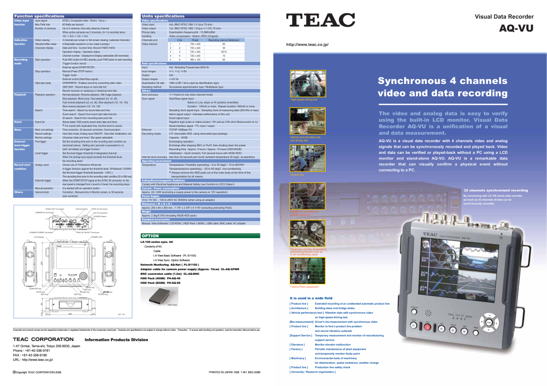 Teac AQ-VU specifications Aq-Vu, Synchronous 4 channels video and data recording, Visual Data Recorder, Option 