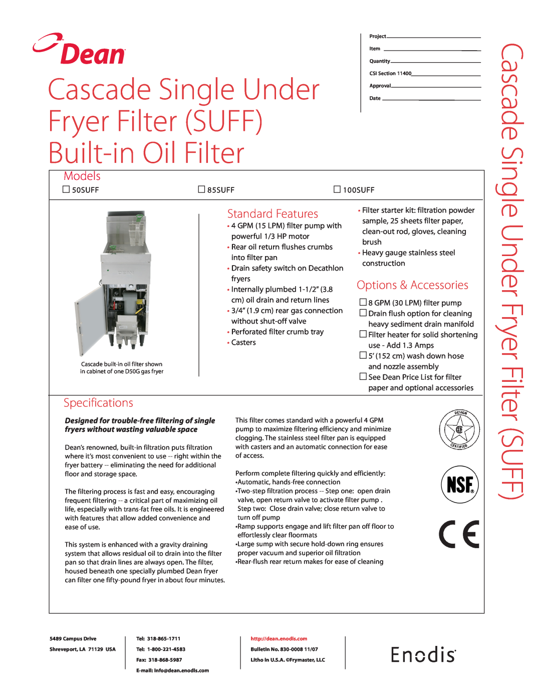 Teac specifications Cascade Single Under Fryer Filter SUFF Built-in Oil Filter, Suff, Dean, Models, Standard Features 