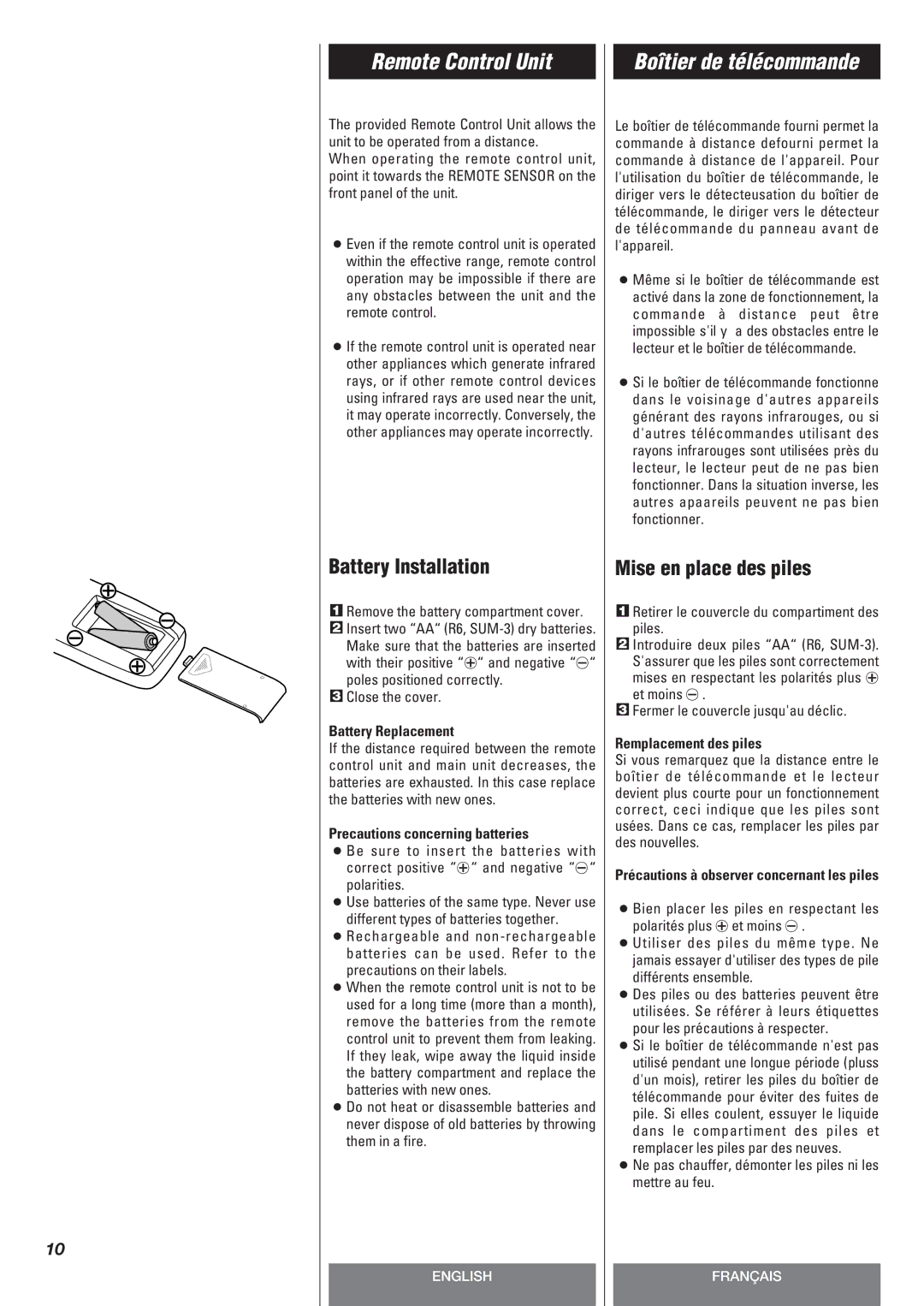 Teac CD-P140 owner manual Remote Control Unit, Boîtier de télécommande, Battery Installation, Mise en place des piles 