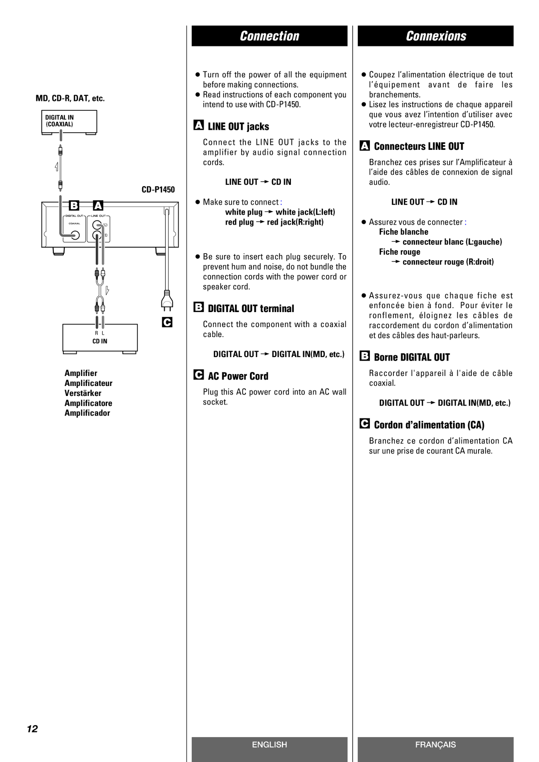 Teac CD-P140 owner manual Connection, Connexions 