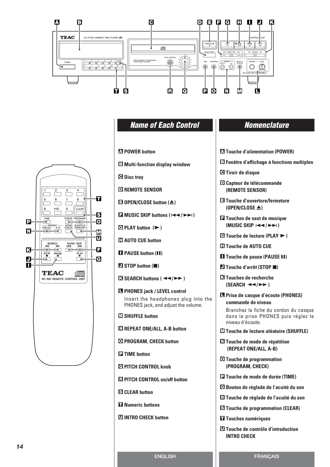 Teac CD-P140 owner manual Name of Each Control, Nomenclature, Remote Sensor, Intro Check 