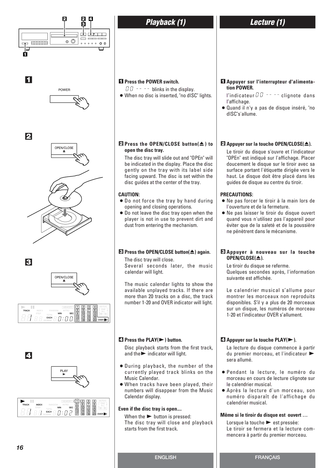 Teac CD-P140 owner manual Playback, Lecture, Precautions 