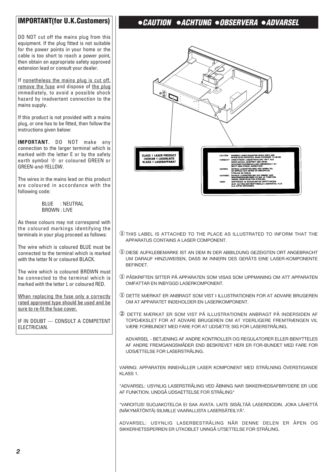 Teac CD-P140 owner manual IMPORTANTfor U.K.Customers, Blue Neutral Brown Live 