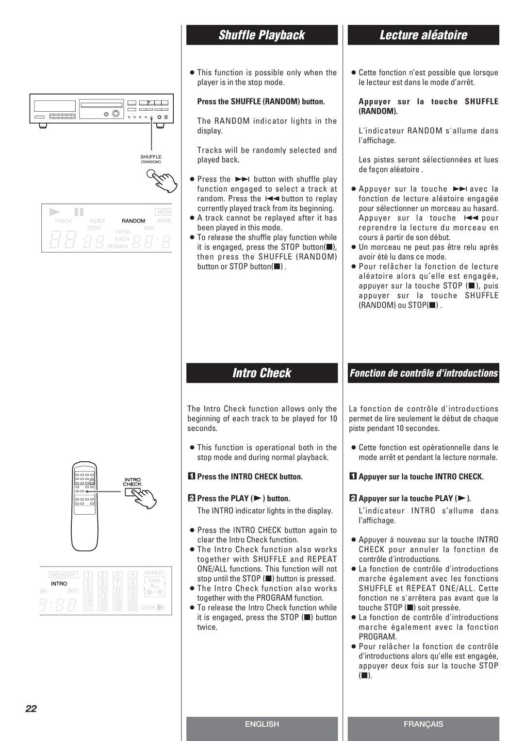 Teac CD-P140 owner manual Shuffle Playback, Lecture aléatoire, Press the Intro Check button Press the Play y button 