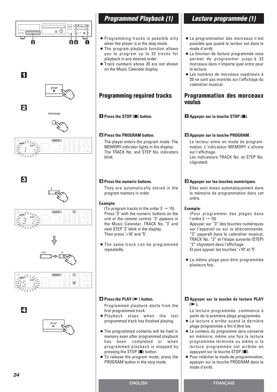 Teac CD-P140 owner manual Lecture programmée, Programming required tracks, Programmation des morceaux voulus 