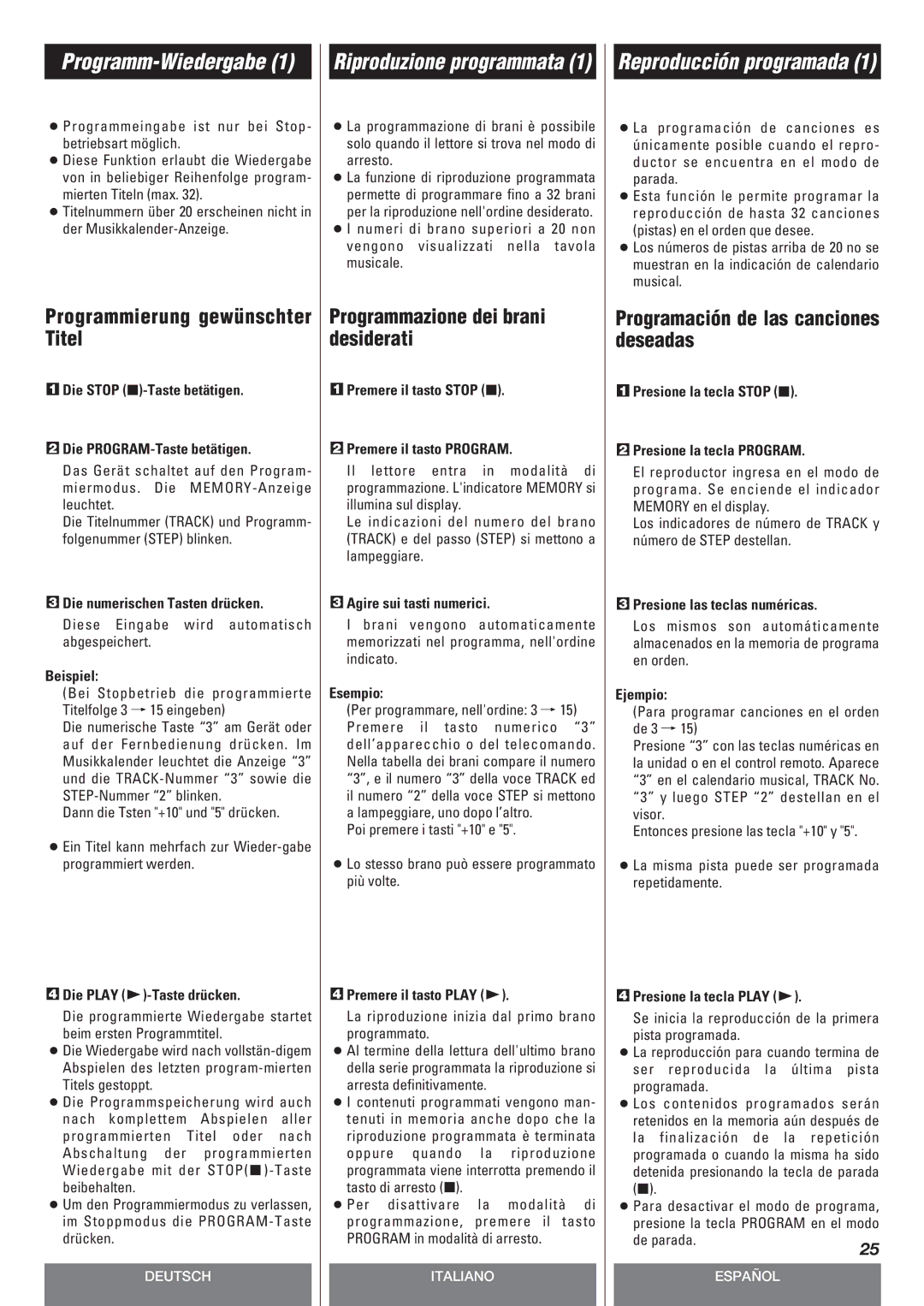 Teac CD-P140 Programmierung gewünschter Titel, Programmazione dei brani desiderati, Programación de las canciones deseadas 