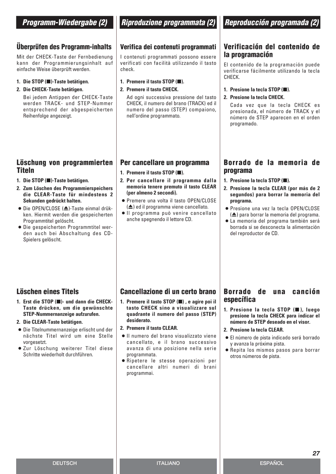 Teac CD-P140 owner manual Löschung von programmierten Titeln, Löschen eines Titels, Per cancellare un programma 