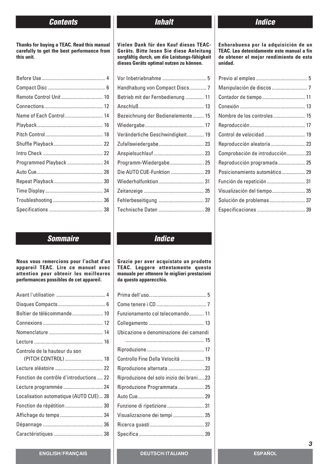 Teac CD-P140 owner manual Contents, Sommaire, Inhalt, Indice 