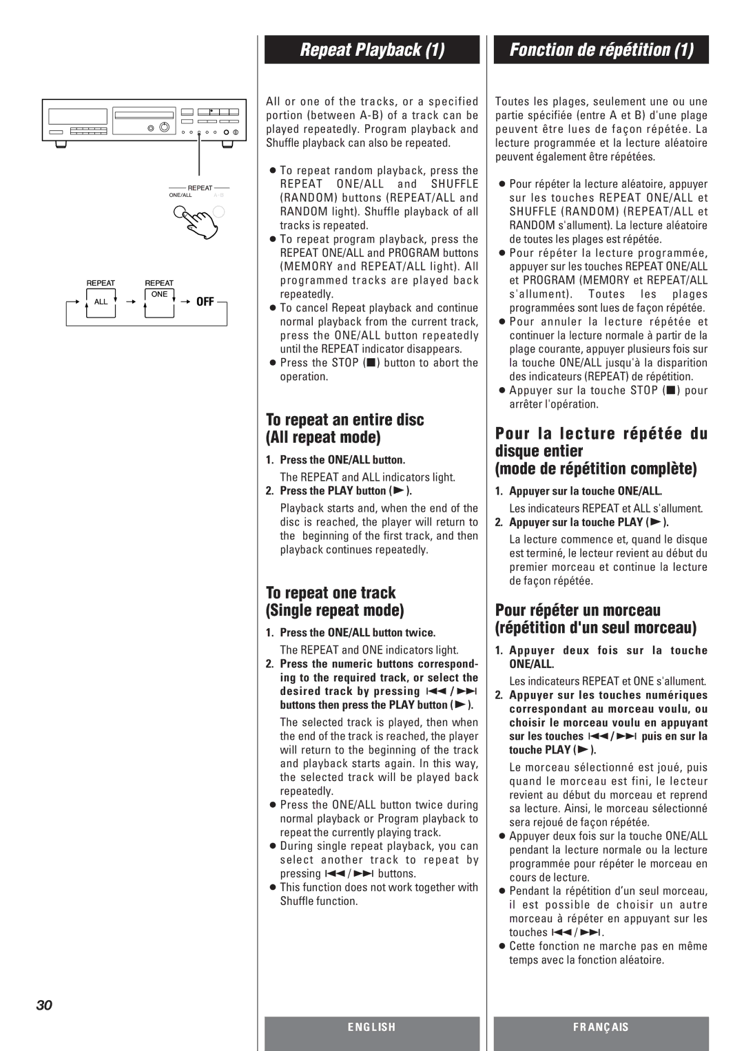 Teac CD-P140 owner manual Repeat Playback, Fonction de répétition, To repeat an entire disc All repeat mode 