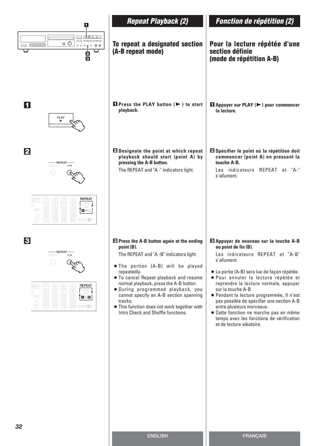 Teac CD-P140 owner manual To repeat a designated section A-B repeat mode, Press the Play button y to start playback 