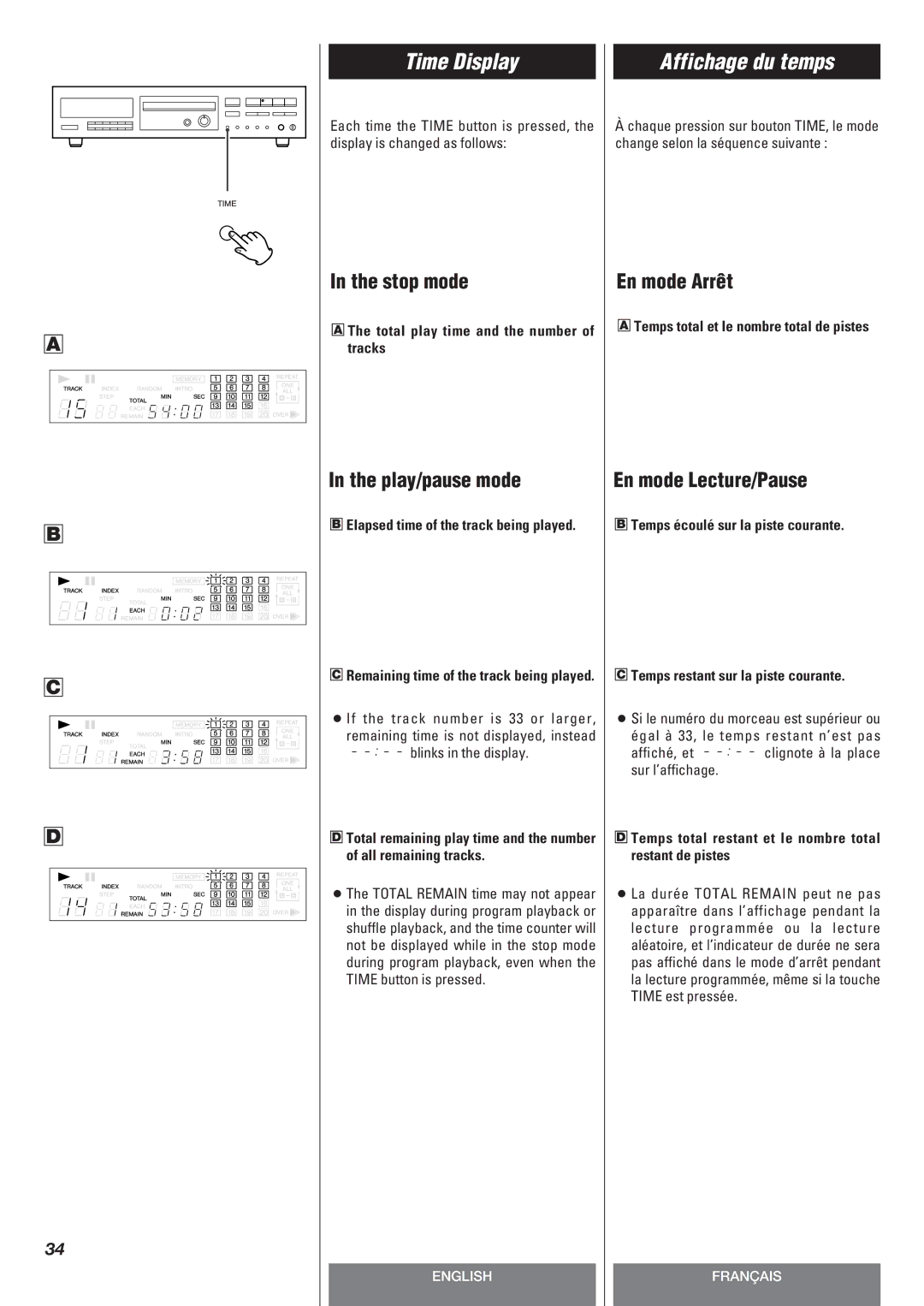 Teac CD-P140 owner manual Time Display, Affichage du temps 