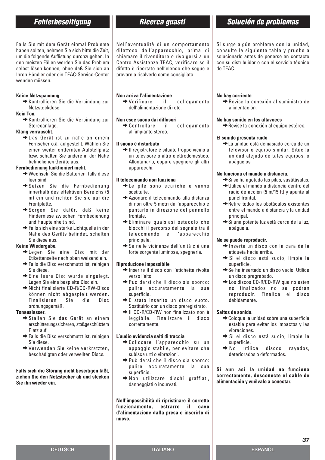 Teac CD-P140 owner manual Fehlerbeseitigung, Ricerca guasti, Solución de problemas 